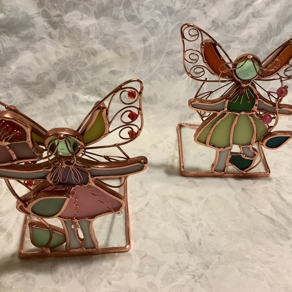 2 Stained glass look colored glass + copper color metal art collectible figures - Picture 6 of 7